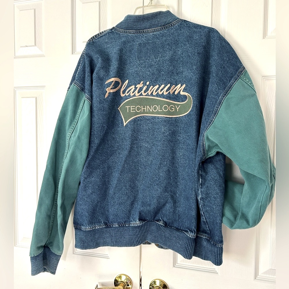 Vintage International Denim Jacket Two Tone Embroidered Size XL Letterman Style